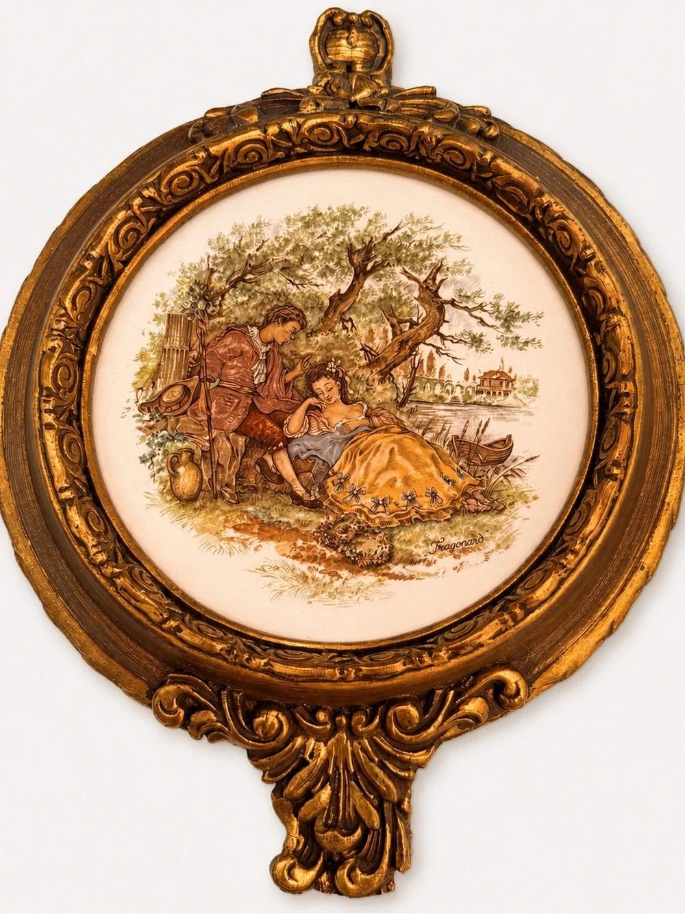 Vintage Fragonard Style Framed Ceramic Wall Plaque Ornate Gold Frame